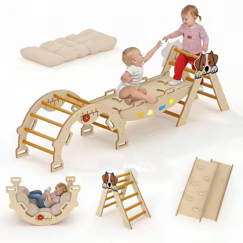 7-in-1 Foldable Pikler Triangle Set For Toddlers, Wooden Indoor Jungle Gym With Reversible Animal Sl