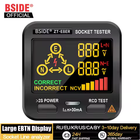 BSIDE Socket Tester Smart Voltage Detector Outlet Checker RCD GFCI Test NCV Live Neuter wire Test EU