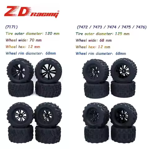 ZD Racing 4PCS 125/120mm 1/10 Monster Truck Wheels Tires Rubber Tyres for RC Crawler Axial Traxxas T