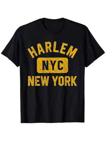 Men' & Women' Harlem NYC Distressed Amber Print T-Shirt - Retro Crew Neck Short Sleeve Tee with Icon