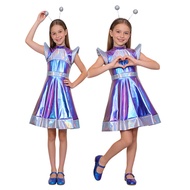 Girls Metallic Shiny Alien AI Robot Costume - Kids Astronaut Space Suit Jumpsuit Alien Dance Theme P