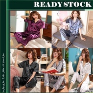 💚Penghantaran Dlm 1 Hari💚 Kain Satin Lengan Pendek &amp; Seluar Panjang Baju Tidur Pyjamas Plain Color Satin Nightwear Set