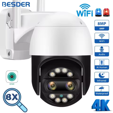 8MP PTZ WiFi Camera Dual Lens Night Vision Human Detection 8X Digital Zoom CCTV Video Surveillance C