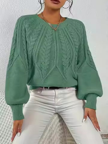 Women's round-neck Fried Dough Twists patterned lantern sleeve craft design woolen top, suitable for