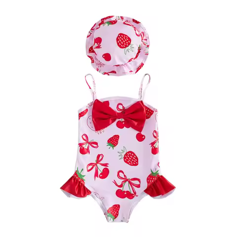 1-4T Toddler Girl Cami Swimsuit Sleeveless Floral/Strawberry Print Romper Swimwear with Hat