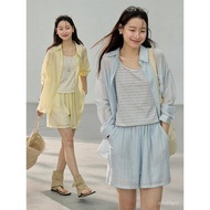 Draped Tencel Two-Piece Long Holiday Three-Piece Set Ge Ming Summer Striped Vest+Long-Sleeved Shirt+