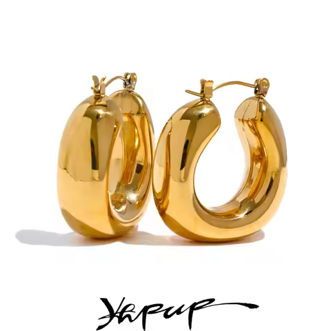 Yhpup High Quality Stainless Steel Round Geometric Chunky Hoops Earrings for Women Charm Metal Simpl