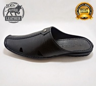 Sepatu Sandal Slip On atau Selop Pria Berbahan FULL 100% Kulit Slop Tekstur Serat Kayu - Black Hita