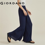 GIORDANO Women Pants Chiffon Lightweight Pleated Pants Elastic Waist Wide Leg Ruffle Relaxed Fashion