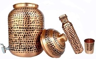 Rastogi Handicrafts pure copper Hammered water storage Tank Brown pot 4 liter capacity with Tumble and Copper Bottle
