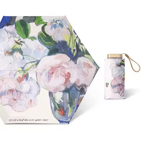 Mini Manual Umbrella Rose Oil Painting Umbrella Pink with Multicolored Flowers Travel Umbrella for W