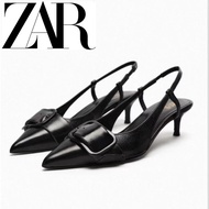 Zara2023 Summer Women's Shoes Black Stiletto Square Buckle Cow Leather Slingback Cat Heel Shoes Pointed Toe European American High Heels