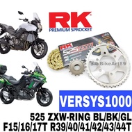 RK Sprocket Set Kawasaki Versys 1000 RK525 ZXW-Ring Rivet Black / Blue / Gold Chain Rantai Hitam Bir
