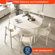 [SG] Extendable Round Dining Table Set | Sintered Marble &amp; Chairs | 1.2m-1.5m | Nordic Stone For HDB BTO Condo Landed