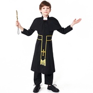 ❀✔✠Halloween Halloween Priest Costumes Kids Boys Christian Pastor Clergyman Missionary Robe Cosplay