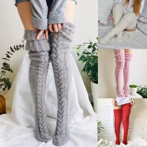 Women Winter Warm Breathable Long Johns Mohair Knee Length Knitted Wool Stretch High Sockings Femboy