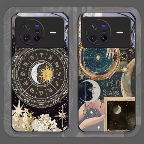 Constellation Sun Moon Stars Painted Tempered Glass Phone Case for OPPO Reno 13F 12 11 Pro 10SE Find