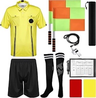 Hicarer Soccer Referee Kit, 6 Pcs Football Referee Package for Men, Soccer Referee Costume Ref Shirt Linesman Flags, Referee Whistle Soccer Referee Cards Sport Soccer Accessory for Adult Teenager