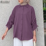 Zanzea เสื้อมุสลิมผู้หญิง,เสื้อผ้ามุสลิมเสื้อแขนยาวคอปกมีเชือกรูดเสื้อลำลองเสื้อทรงหลวม