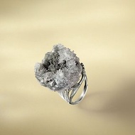灰色瑪瑙水晶共生活口戒指 聚寶盆晶洞晶簇晶柱手工指環 S925銀