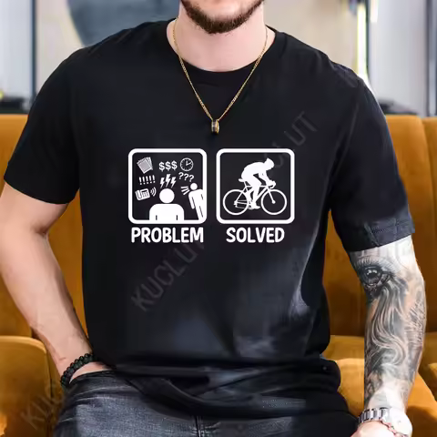 Men's Summer Loose T-shirts Bicycle Bike Graphic Design Problem Solved Print Tshirts Casual O Neck S