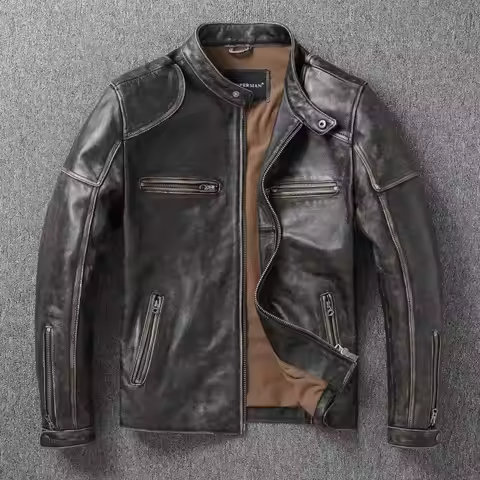 Wholesales.2026 Brand New Single Rider Real Leather Jacket.Men Tea Core Cowhide Coat.Vintage Style L