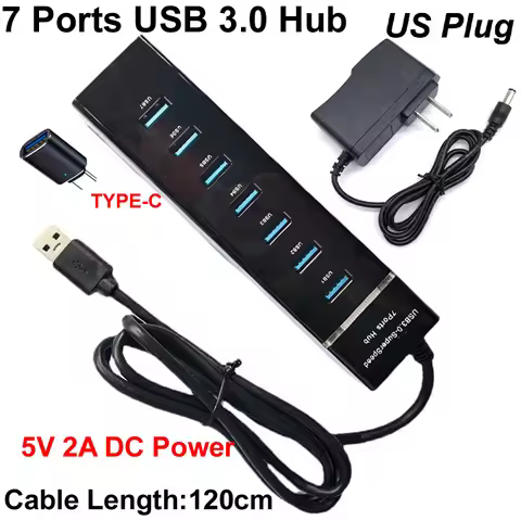 3IN1 120CM 7 Ports USB 3.0 Hub Splitter High Speed Multi Adapter Expander Cable +5V 2A AC DC POWER +