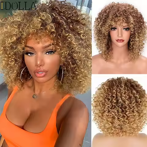 Idolla Short Curly Blonde Wig Synthetic Afro Kinky Curly Wig With Bangs For Black Women Natural Ombr