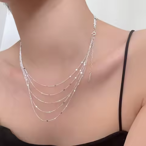 New S925 Sterling Silver Women's Jewelry Collar European Simple Silver Fashion Multi Layers Bar Neck