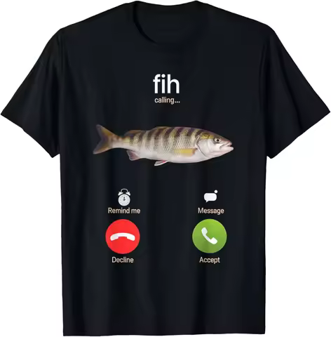 White Black Short-Sleeve T-Shirt Funny Fish Calling Print “fih calling...” Text Casual T-Shirt