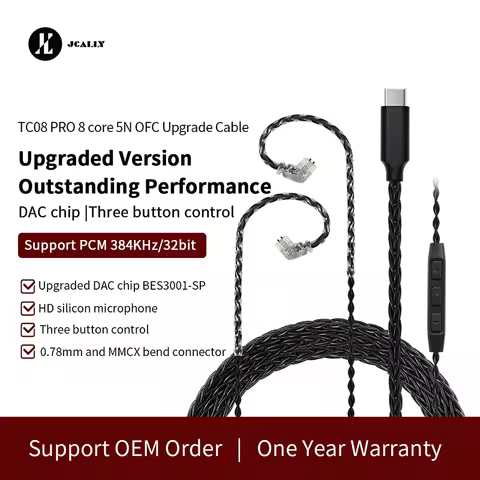JCALLY Black TC08 PRO TC08 Silver Plated TYPE-C Earphone Upgrade Cable With MIC MMCX 2Pin 0.75/0.78 