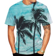 เสื้อยืดลายต้นมะพร้าวของผู้ชายชุดกีฬาสวมศีรษะแขนสั้นเดินชายหาดฤดูร้อนปี3D