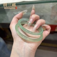 冰種油青色玉髓手鐲 青綠翡翠色瑪瑙叮噹鐲 遠山黛女圓條玉手鐲