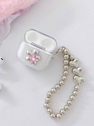 1 pieza Pulsera de  de verano para mujeres plateada con forma de corazón de piedras preciosas y estuche protector para audífonos Bluetooth, compatible con Apple/Samsung/Huawei/Xiaomi