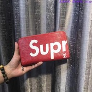 免運特價實物拍攝SUPREME X LV BOX歐美聯名爆款拉鏈錢包 精緻水波紋 撞色印花皮革質感長夾