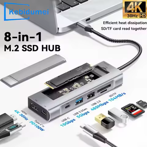 8-in-1 USB Hub With Disk Storage Function M.2 SATA NVME SSD Enclosure Type C to HDMI-Compatible Dock