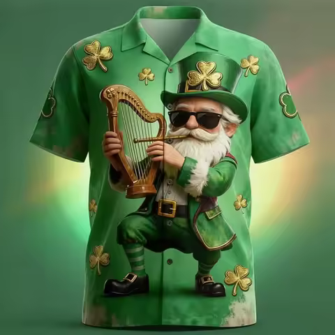 St. Patrick Men's Shamrock Gold Coin Casual Hawaiian Shirt Short Sleeve Casual St.Patrick's Day Turn