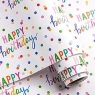 LeZakaa Birthday Wrapping Paper Roll, Happy Birthday Lettering & Colored Polka Dots Design in White 