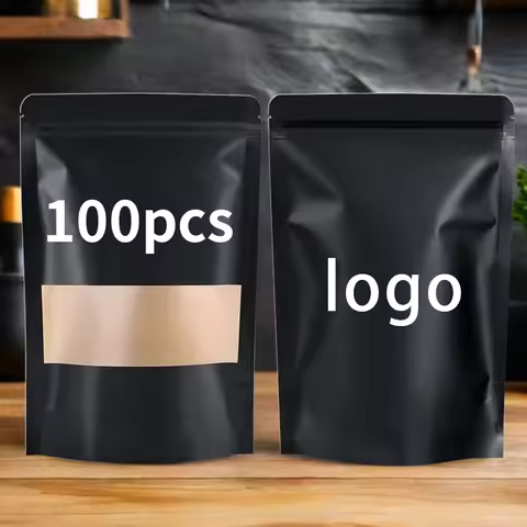 100pcs custom logo Wholesale Black Kraft Paper Stand up Pouch with Window Reusable Food Packaging Zi