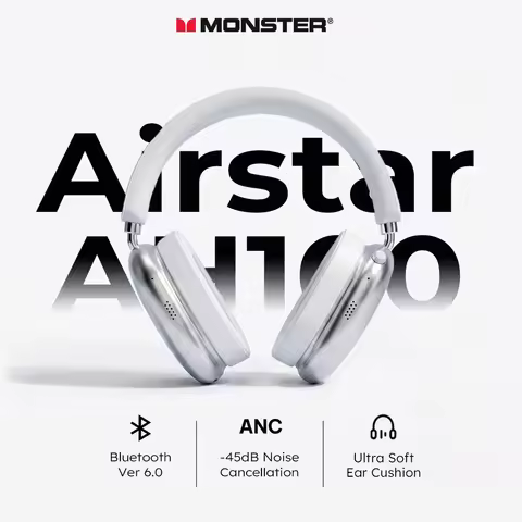 Monster AH100 ANC Bluetooth 6.0 Over-Ear Headphones -45dB Active Noise Cancelling Headset HiFi Stere