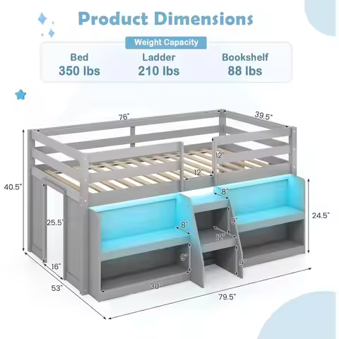 Low Loft Bed with LED Lights, Loft Bed Twin Size with Storage Bookcase & Under-Bed Play Space, Loft 