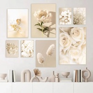 Poster kanvas berwarna beige bunga rose peony, cetakan gambar rumput pampas, seni dinding bunga, luk