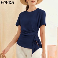 VONDA เสื้อปาร์ตี้ลูกไม้หนังกลับเก็บเอวปมแขนสั้นเสื้อยืดคอกลมหรูหราของผู้หญิงเสื้อบนพื้น (เดินทางในเกาหลี)