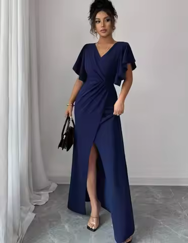 Enchant Customized Saudi Elegant Blue Prom Gown Women's V-Neck Pleated Party Evening Dress Floor Len