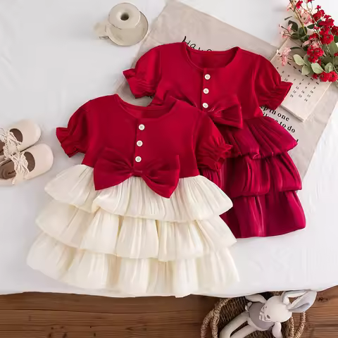 Summer New Baby Girl Red Dress Sweet Bow Children'S Clothing (9 Months -3 Years Old)
