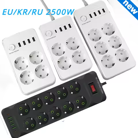 EU KR Power Strip Electric Sockets 13A 2500W 6 8 10 Outlets with USB 5V 2.1A TYPEC Extension Cable P