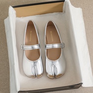 Silver leather split toe flat shoes woman mary janes tabi ninja flats female cozy dress shoes ankle 