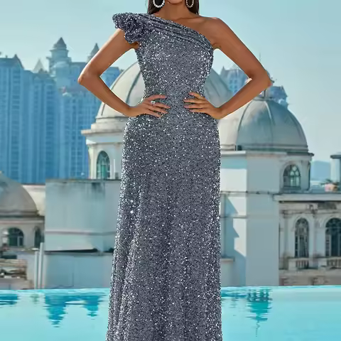2024 Cross-Border Sparkling Long Sleeveless Silver Gown Backless Side-Shoulder Design Evening Dress 