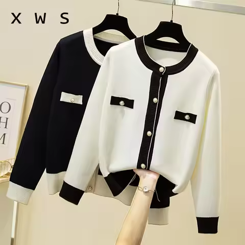 sueter mujer 2024 Elegant Women Sweater and Cardigans Button Up Pearl Beading Black White Formal Kni