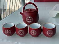 紅色雙喜圖案茶壺茶杯套裝